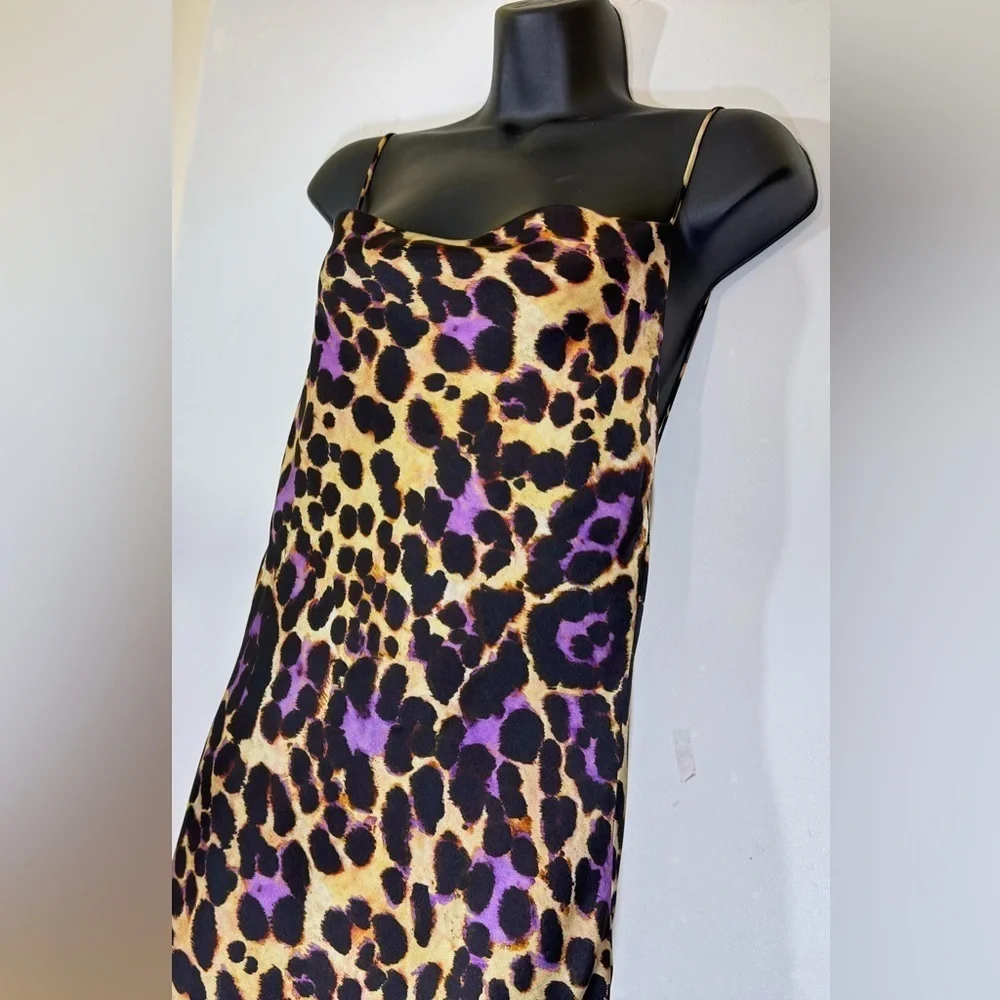 Zara Satin Effect Leopard Purple Slip Spaghetti Strap Midi Dress | Size S
